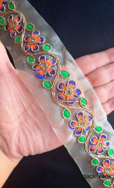 Wholesale Gold Sheer Tissue Fabric Trim With Hand Embroidered Blue, Orange, Green & Gold Flowers